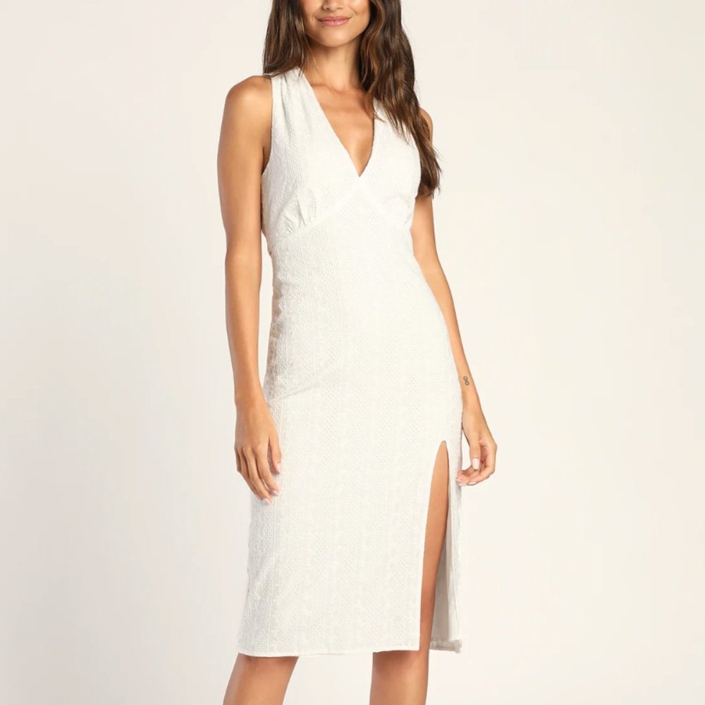 Summer's Best White Eyelet Embroidery Tie-Back Midi Dress
